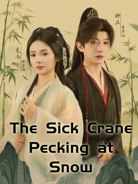 Sick stork pecking snow
